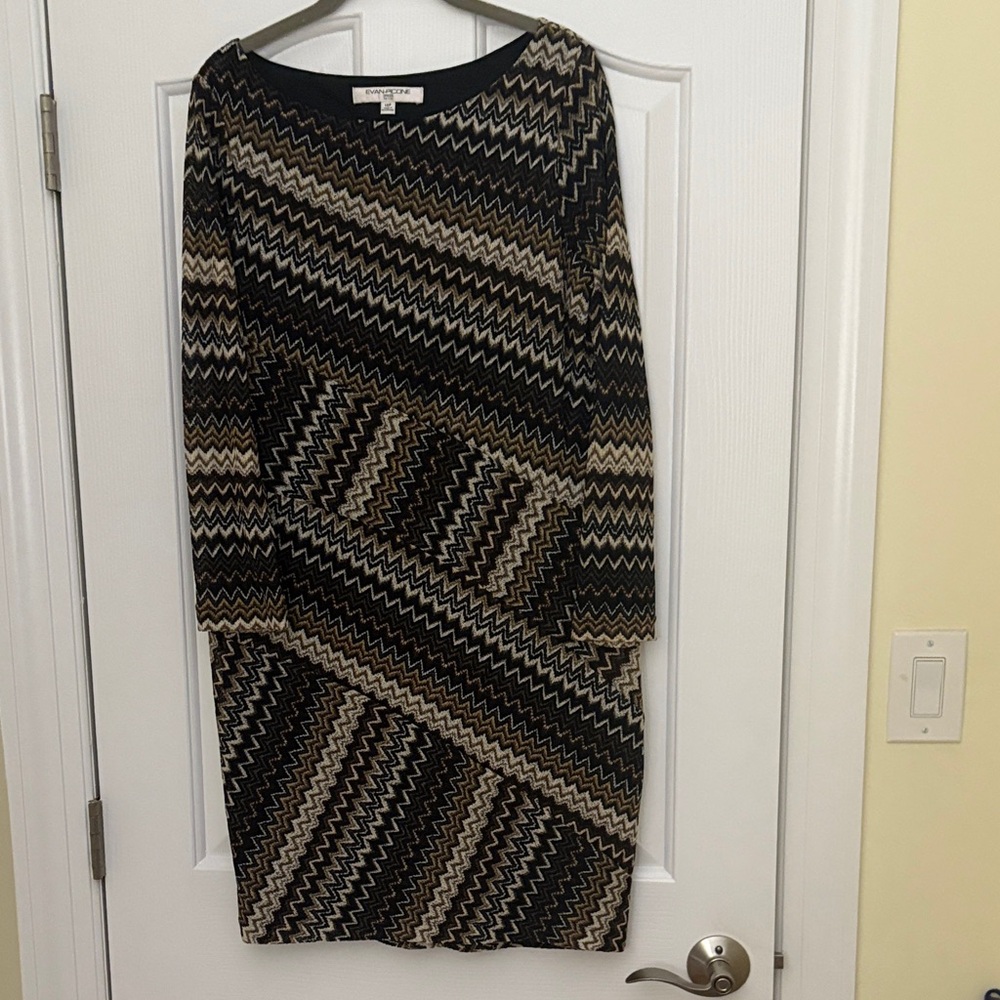 Evan Picone Brown, Black and Beige Zigzag Long Sleeve Dress